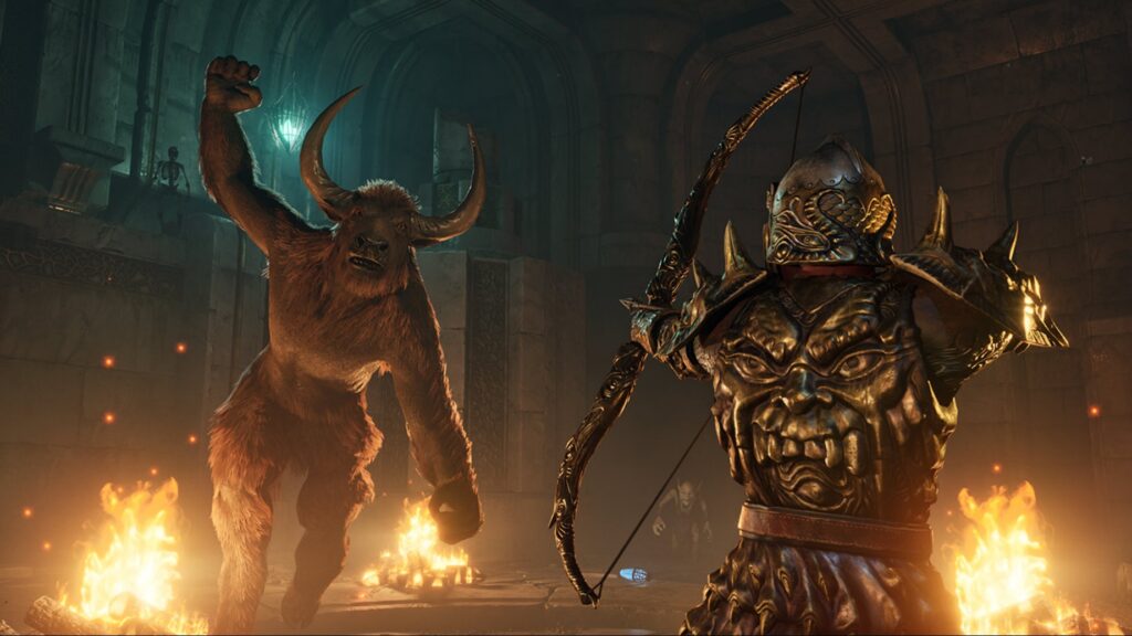The Elder Scrolls 4 Oblivion Remastered Krieger in Daedrischer Rüstung trifft auf Minotaurus im düsteren Dungeon