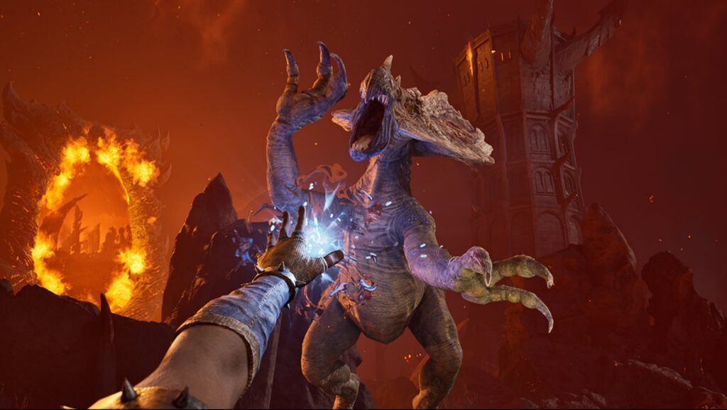 The Elder Scrolls 4 Oblivion Remastered Magischer Kampf gegen Daedra vor einem flammenden Oblivion-Tor